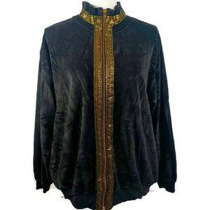 Vintage SK Sport Velour Jacket Medium Black -70s -Gold Greek Accent -Zip Up